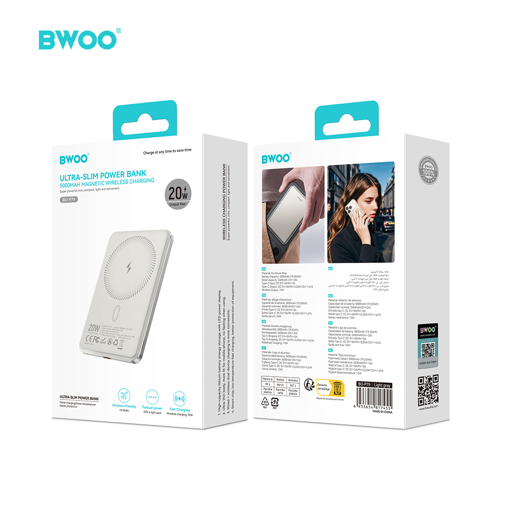 BWOO 5000mAh Fast Charging Power Bank Magnetic Wireless Charger