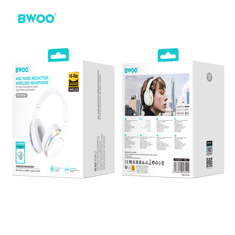 BWOO BO-BW587 WH Wireless Bluetooth Headphones - ANC Noise Cancelling, Smart Touchscreen