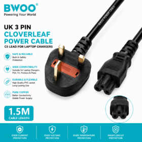 BWOO UK 3 Pin Cloverleaf Power Cable C5 Lead for Laptop Chargers – 1.5M