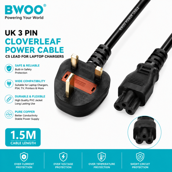 BWOO UK 3 Pin Cloverleaf Power Cable C5 Lead for Laptop Chargers – 1.5M