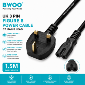 BWOO UK 3 Pin Figure 8 Power Cable C7 Mains Lead – 1.5M