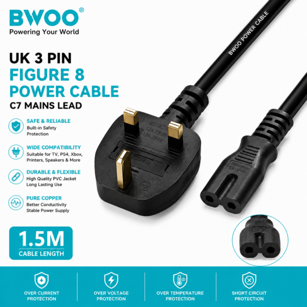 BWOO UK 3 Pin Figure 8 Power Cable C7 Mains Lead – 1.5M