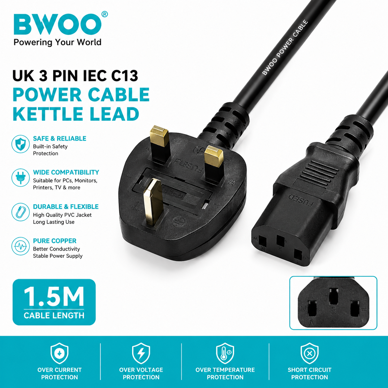 BWOO UK 3 Pin IEC C13 Power Cable Kettle Lead – 1.8M