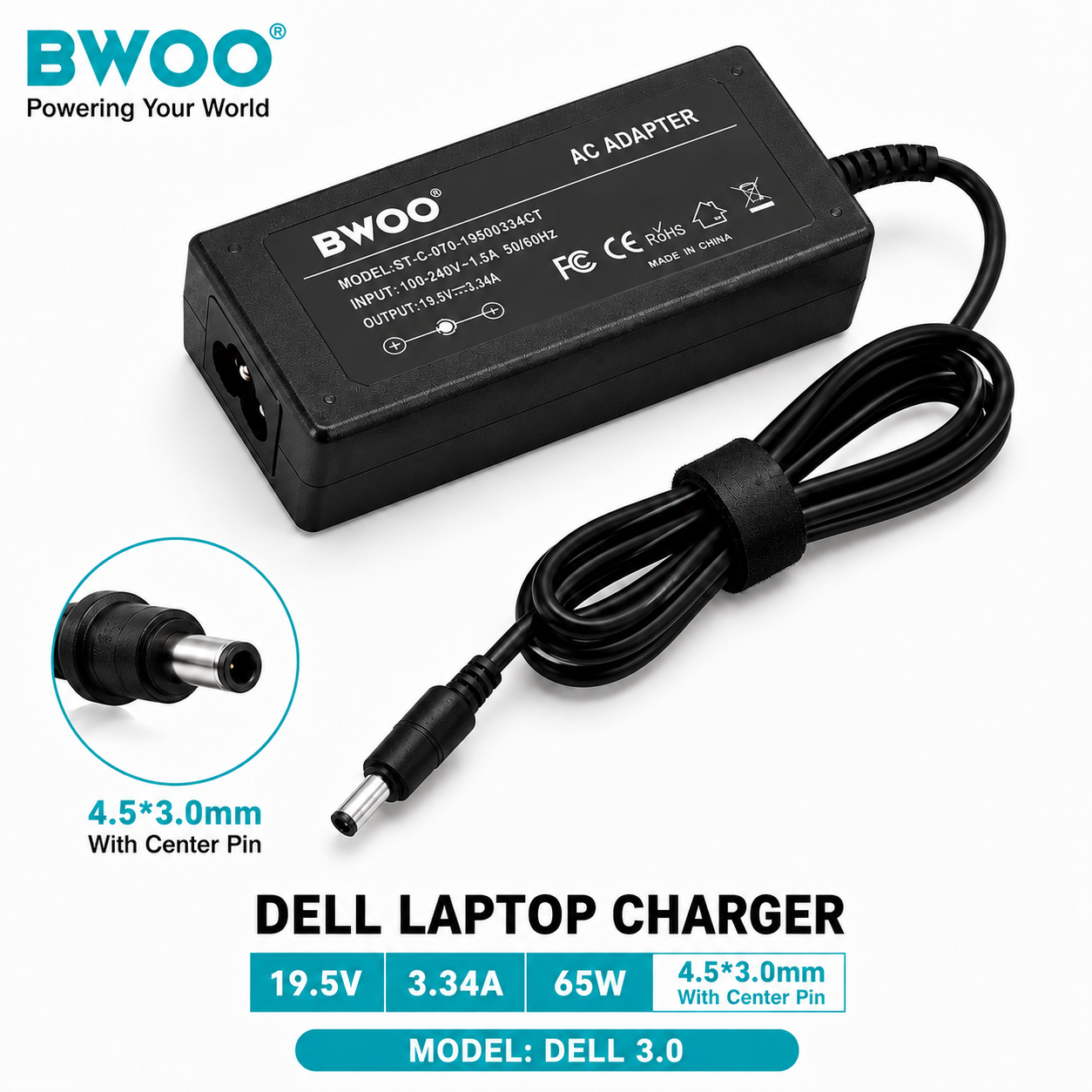 Dell 19.5V 3.34A 65W Laptop Charger Adapter 4.5×3.0mm Center Pin – BWOO