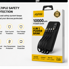 ASPOR A300 10000mAh Power Bank with cable  – Fast Charging Portable Charger with LED Display