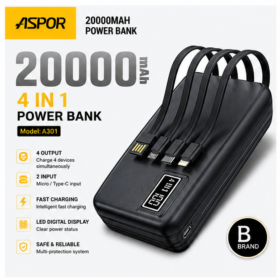 ASPOR A301 20000mAh Power Bank with cable  – Fast Charging Portable Charger with LED Display