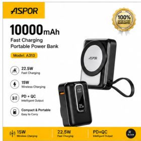 ASPOR A313 10000mAh Magnetic Power Bank with cable – Fast Charging Portable Charger