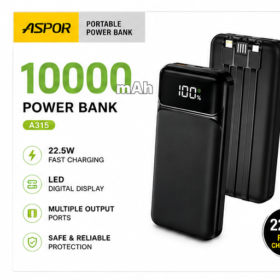 ASPOR A315 10000mAh Power Bank with cable  –Fast Charging Portable Charger with LED Display