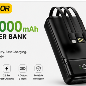 ASPOR A316 20000mAh Power Bank with cable  – Fast Charging Portable Charger with LED Display