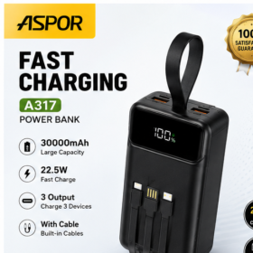 ASPOR A317 30000mAh Power Bank with cable  – Fast Charging Portable Charger with LED Display