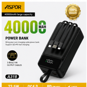 ASPOR A318 40000mAh Power Bank with cable  – Fast Charging Portable Charger with LED Display