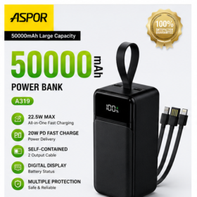 ASPOR A319 50000mAh Power Bank with cable  – Fast Charging Portable Charger with LED Display