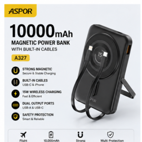 ASPOR A327 MagSafe 6-in-1 Magnetic Wireless Power Bank – 10,000mAh Fast Charging Portable Battery with Built-in Cables & USB-C