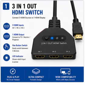 HDMI Splitter 1 in 3 Out – 4K Ultra HD HDMI Splitter – 1 Input to 3 HDMI Outputs