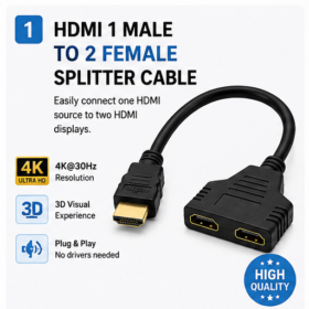 HDMI Splitter Cable – 1 HDMI Male to 2 HDMI Female Adapter – Full HD 1080P / 4K Compatible