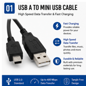 USB 2.0 A Male to Mini USB 5-Pin Cable – Fast Charging & Data Sync Cable – 480Mbps